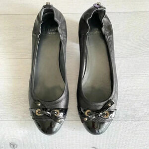 Stuart Weitzman Black Leather Comfy Chunky Heel Patent Bow Cap Toe Pumps Sz 8
